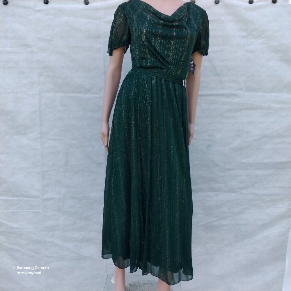 Kate and Lily Hunter Green Tie Belt Gold Metallic Thread Maxi Dress 6 Petite NWT